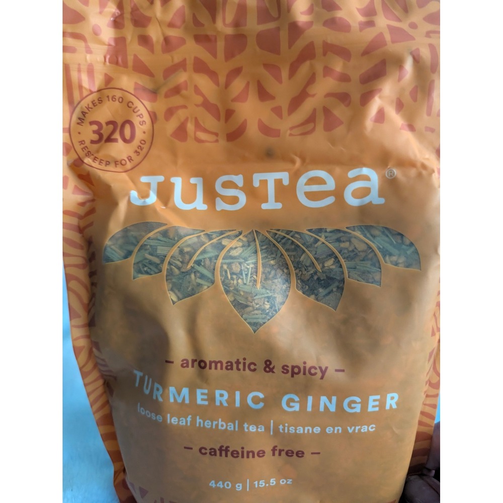 JusTea Turmeric Ginger Loose Leaf Herbal Tea Caffeine Free 15.5 oz 440g Bulk Bag